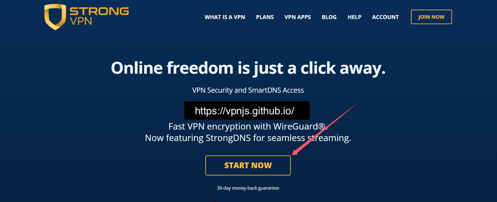 第一步：打开StrongVPN官网，并点击“Start Now”按钮