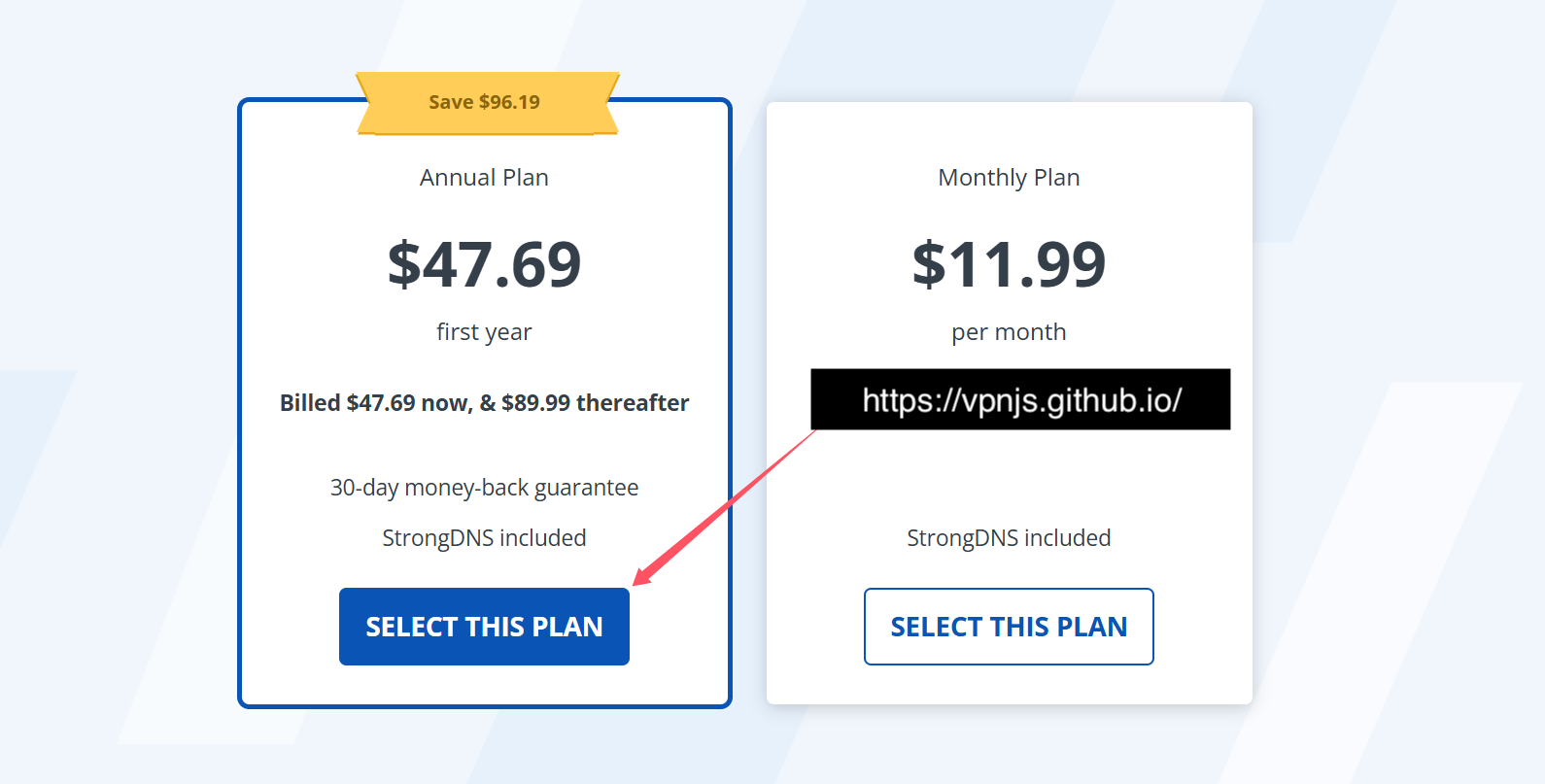 第二步：选择“Annual Plan”套餐，并点击“SELECT THIS PLAN”按钮